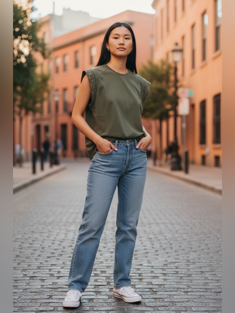 entro Olive Green Studded Sleeve Short Sleeve Tee